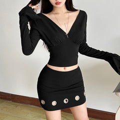 Long flared sleeve v neck self tie solid top