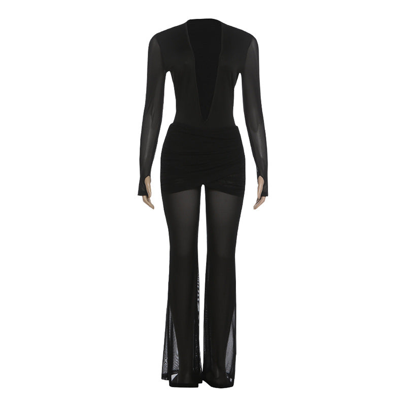 Gloves long sleeve deep v neck mesh pant set