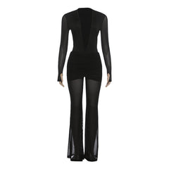 Gloves long sleeve deep v neck mesh pant set
