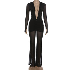 Gloves long sleeve deep v neck mesh pant set