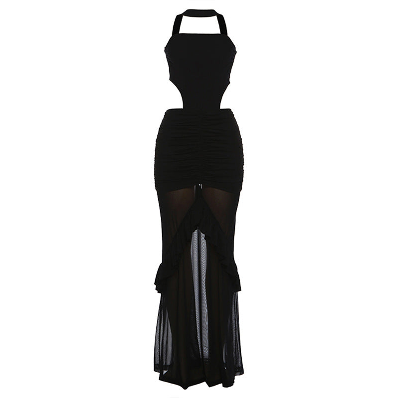 Ruched mesh patchwork ruffle halter maxi dress