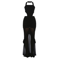 Ruched mesh patchwork ruffle halter maxi dress