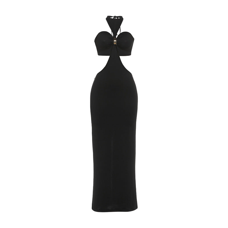 Halter slit solid backless slit maxi dress