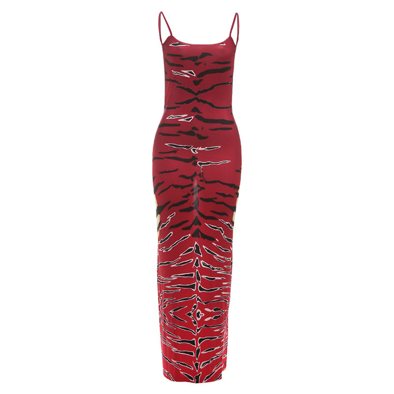 U neck slit print backless cami maxi dress