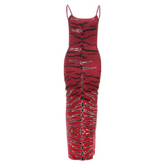 U neck slit print backless cami maxi dress