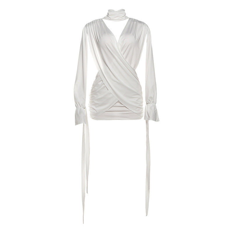 Hollow out v neck ruched long sleeve cut out mini dress
