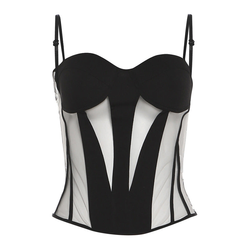 Mesh patchwork lace up backless cami top