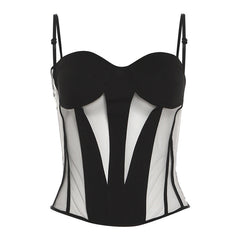 Mesh patchwork lace up backless cami top