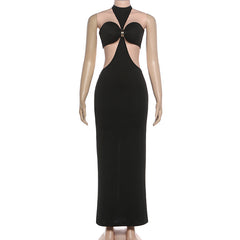 Halter slit solid backless slit maxi dress