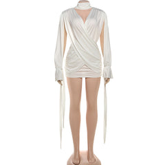 Hollow out v neck ruched long sleeve cut out mini dress