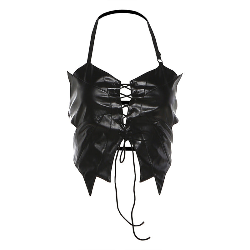 Halter PU leather lace up v neck backless top