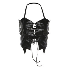 Halter PU leather lace up v neck backless top