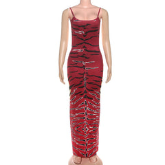 U neck slit print backless cami maxi dress