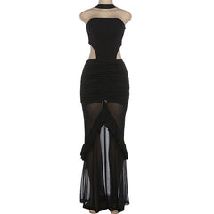 Ruched mesh patchwork ruffle halter maxi dress