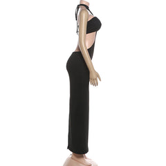 Halter slit solid backless slit maxi dress
