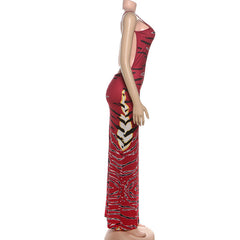 U neck slit print backless cami maxi dress