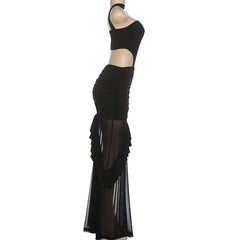 Ruched mesh patchwork ruffle halter maxi dress