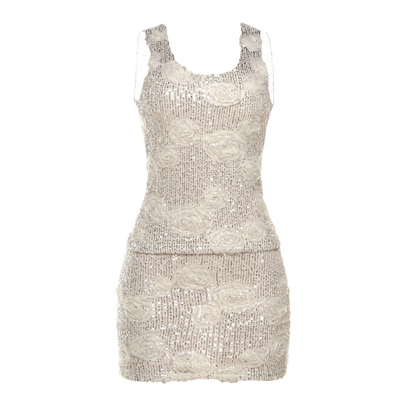 Glitter u neck flower applique tank mini skirt set