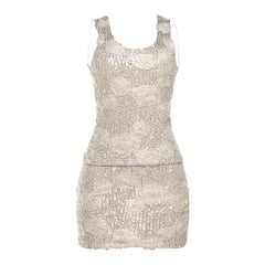 Glitter u neck flower applique tank mini skirt set