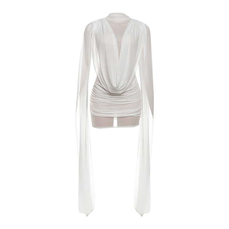 Mesh ruched crewneck solid mini dress
