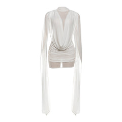 Mesh ruched crewneck solid mini dress