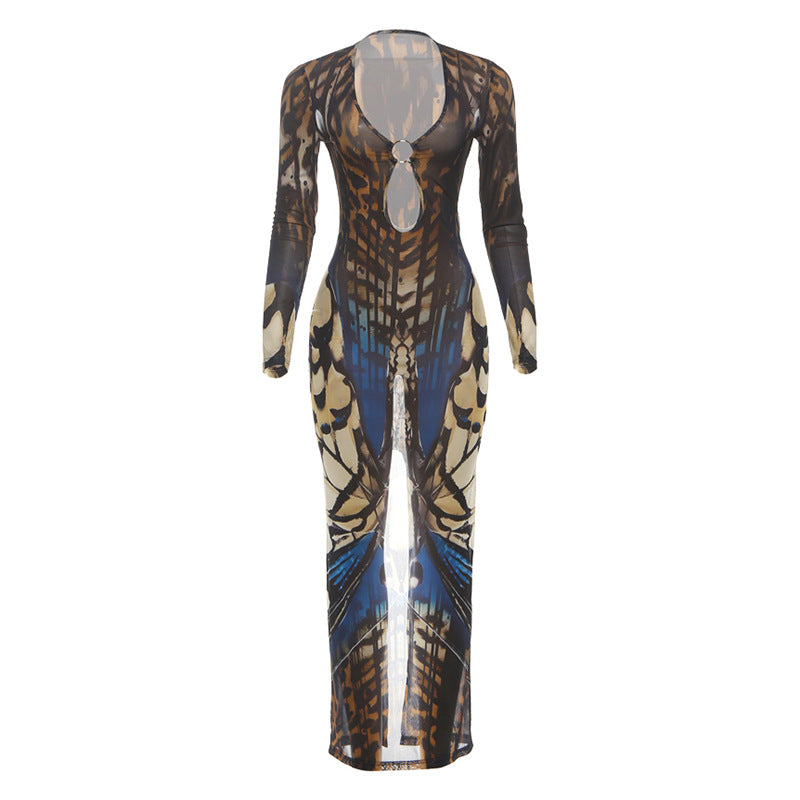 Long sleeve hollow out o ring print mesh cut out maxi dress