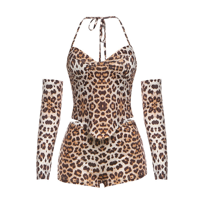 Leopard print self tie halter gloves v neck pant set