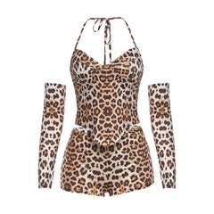 Leopard print self tie halter gloves v neck pant set