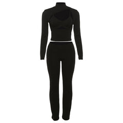 Long sleeve hollow out medium rise 3 piece pant set
