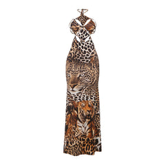Tiger stripes print halter self tie hollow out cut out maxi dress
