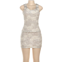 Glitter u neck flower applique tank mini skirt set