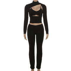 Long sleeve hollow out medium rise 3 piece pant set