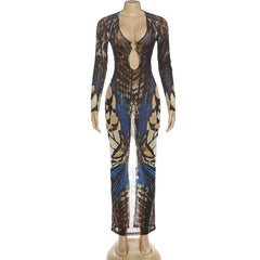 Long sleeve hollow out o ring print mesh cut out maxi dress