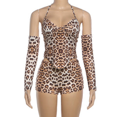 Leopard print self tie halter gloves v neck pant set