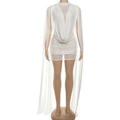 Mesh ruched crewneck solid mini dress
