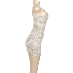 Glitter u neck flower applique tank mini skirt set