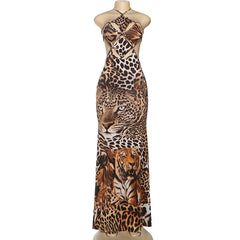 Tiger stripes print halter self tie hollow out cut out maxi dress