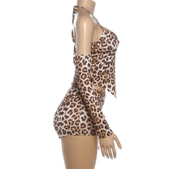 Leopard print self tie halter gloves v neck pant set