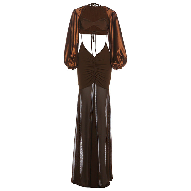 Ruched long sleeve self tie 2 piece maxi dress