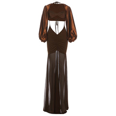 Ruched long sleeve self tie 2 piece maxi dress