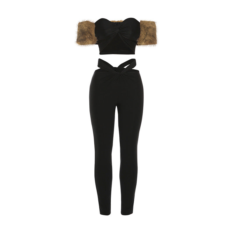Fluffy hollow out sweetheart neck low rise pant set