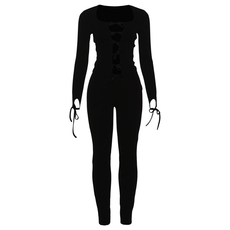 Long sleeve hollow out bowknot self tie pant set