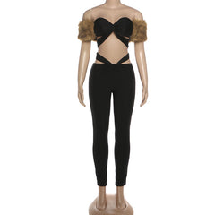 Fluffy hollow out sweetheart neck low rise pant set