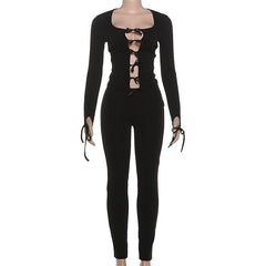 Long sleeve hollow out bowknot self tie pant set