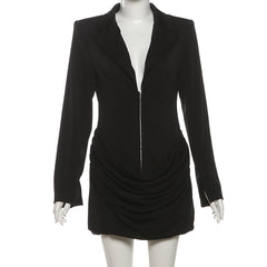 Long sleeve ruched deep v neck solid mini dress