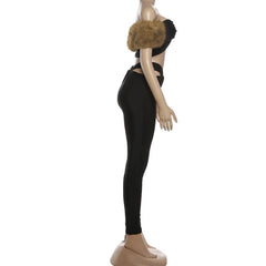 Fluffy hollow out sweetheart neck low rise pant set