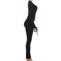 Long sleeve hollow out bowknot self tie pant set