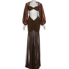Ruched long sleeve self tie 2 piece maxi dress