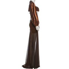 Ruched long sleeve self tie 2 piece maxi dress