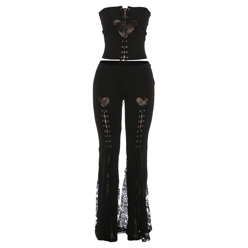 Lace up lace patchwork low rise tube pant set
